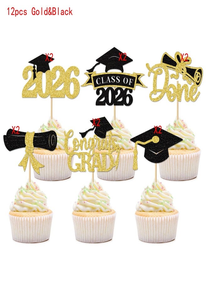 Clonynix 36 pcs 2026 Graduation Cake Toppers, Glitter Cupcakes Grad Cap Diploma Congrats Grad for Class of 2026 Graduation Party Decorations (Black&Gold, Black&Red, Black&Blue) - Image 4