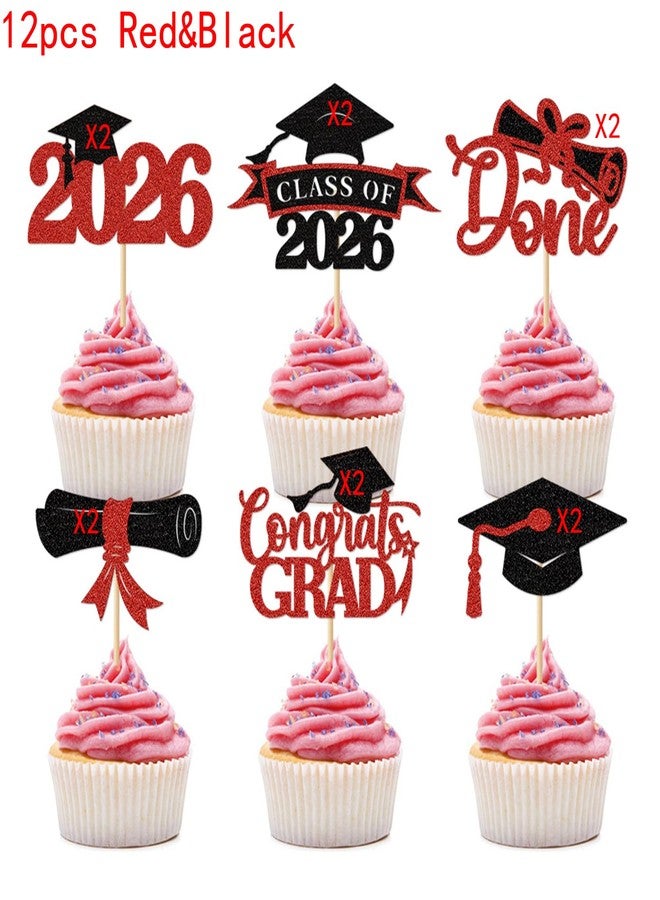 Clonynix 36 pcs 2026 Graduation Cake Toppers, Glitter Cupcakes Grad Cap Diploma Congrats Grad for Class of 2026 Graduation Party Decorations (Black&Gold, Black&Red, Black&Blue) - Image 5