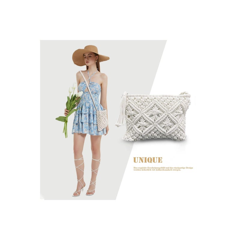 Zikra Handmade White Straw Cross Body Bag for Women, Beach-Ready Straw Messenger Bag Artisanal White Straw Shoulder Bag with Zipper Zippered White Straw Beach Bag for Women's Beach Outings - Image 2