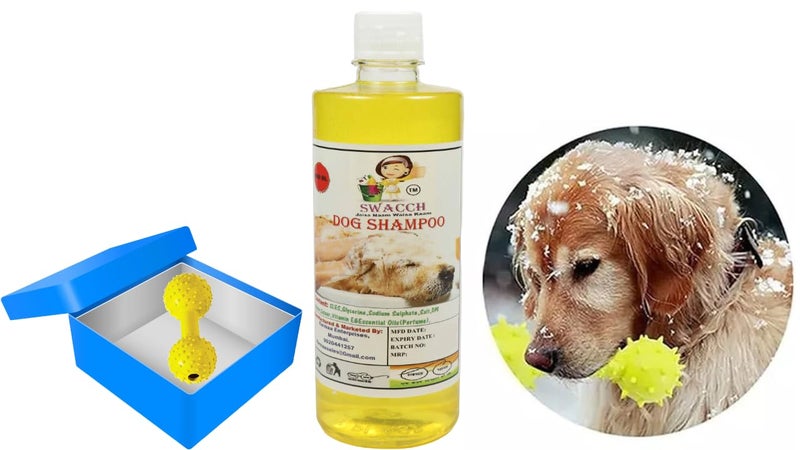 swacch Dog Shampoo + Dumbbell Toy I Durable Rubber Dog Toy for Chewing I Playing,Teeth Cleaning & Training Toy I Combo Pack I 500ml Lemon - Image 1