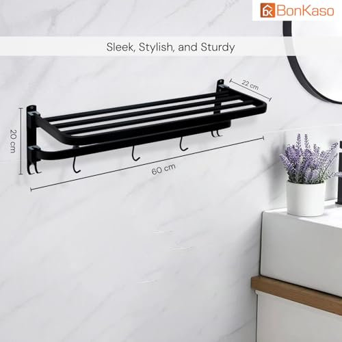BonKaso 304 Stainless Steel Rectangular Towel Rack for Bathroom | Rustproof, Wall Mounted Towel Holder/Rod/Bar/Hanger for Bath Towels | Space-Saving (Black Finish, 24 Inch) - Image 2