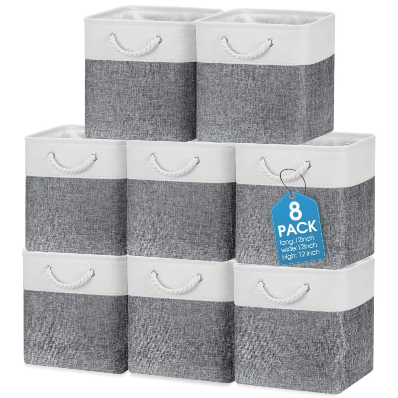 meekoo 8 Pack Collapsible Storage Bins Fabric Storage Bins Polyester Fabric Baskets with Handles Linen Closet Organizer for Shelf Home Closet Towels Toys12 x 12 x 12 inGray White