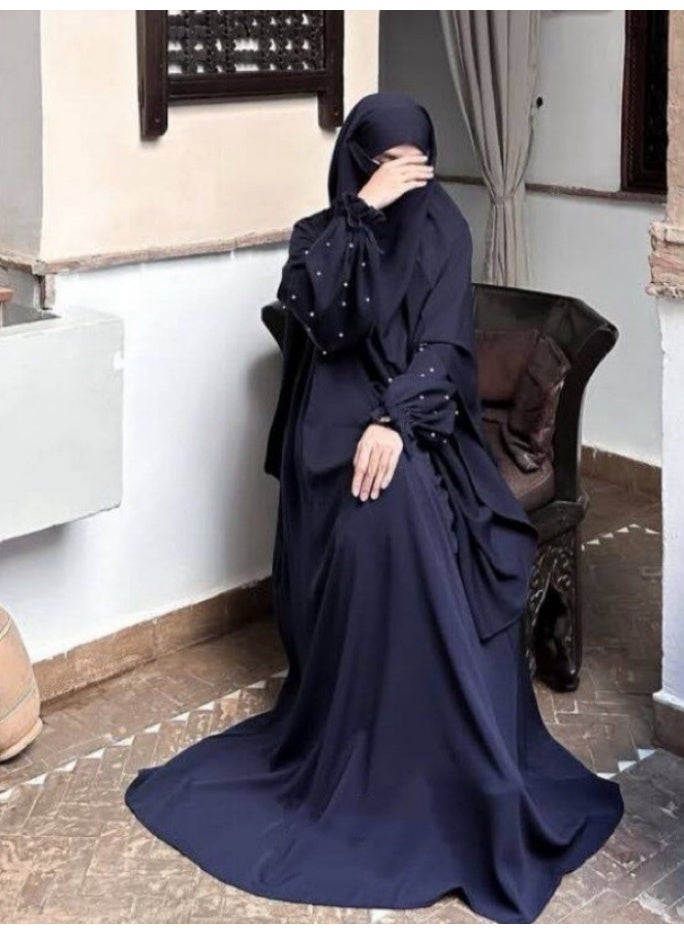 سلسلة اللؤلؤ: الشرق الأوسط اللون الصلب للنساء رداء اللؤلؤ الأكمام فستان Abaya قطعتين مجموعة الحجاب الطويل مناسبة جدا للنساء يوميا ارتداء الصيام شهر الصلاة - Image 4