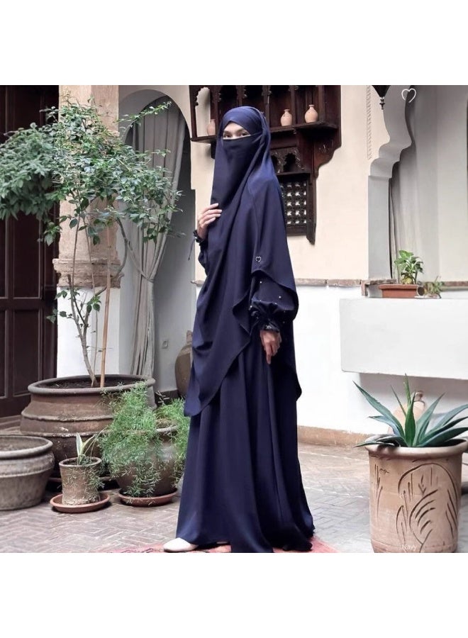 سلسلة اللؤلؤ: الشرق الأوسط اللون الصلب للنساء رداء اللؤلؤ الأكمام فستان Abaya قطعتين مجموعة الحجاب الطويل مناسبة جدا للنساء يوميا ارتداء الصيام شهر الصلاة - Image 1