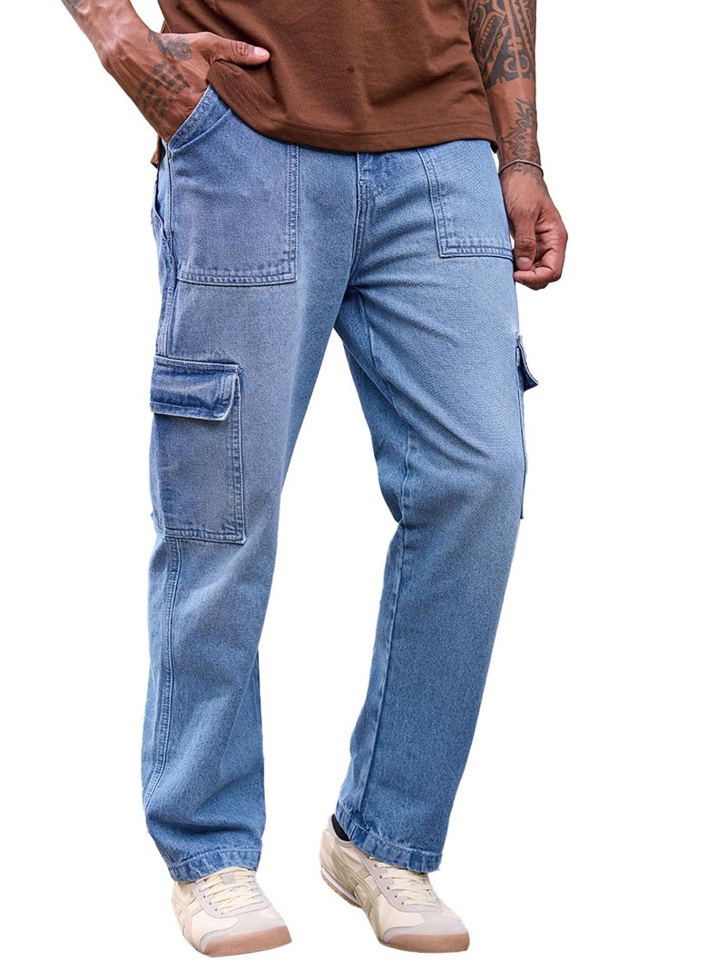 Bewakoof Men's Solid Regular Fit Cotton Baggy Jeans_624694_Blue_32 - Image 1