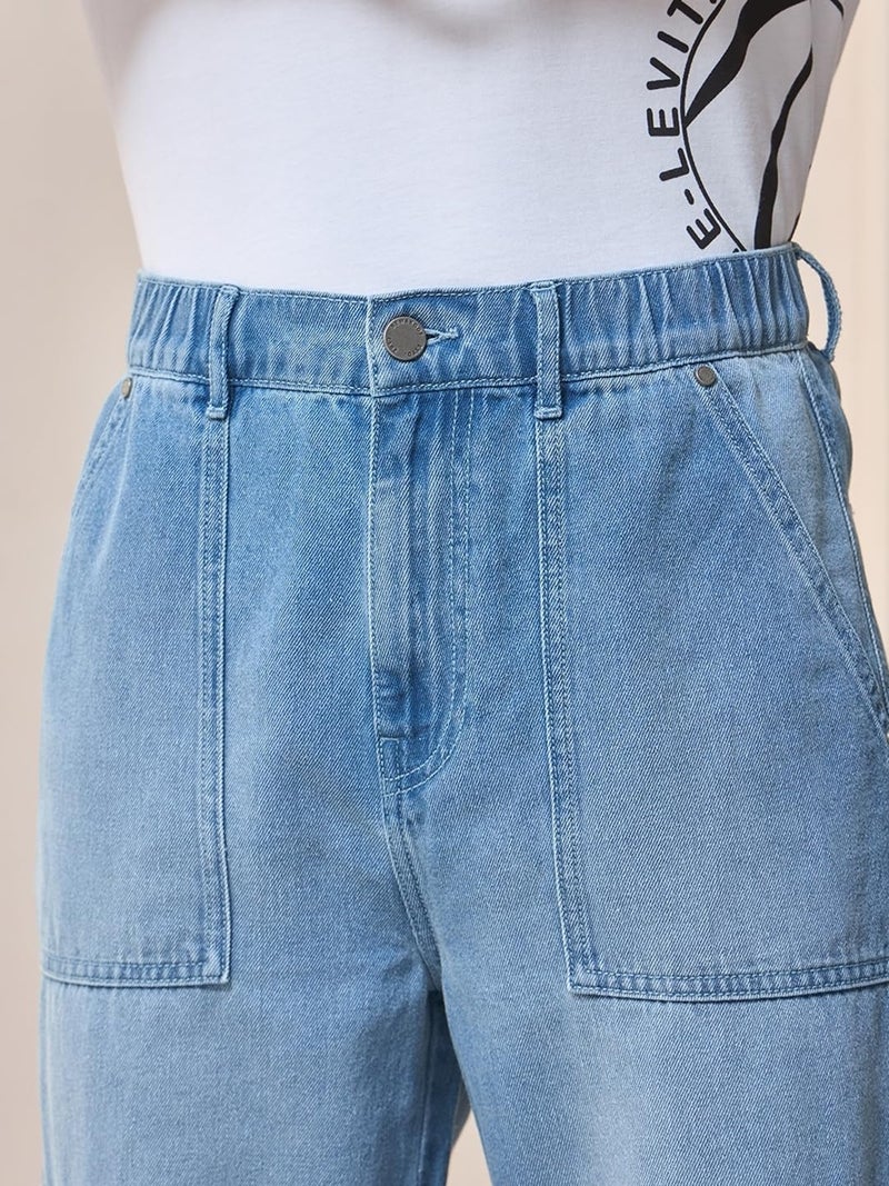 Bewakoof Men's Solid Regular Fit Cotton Baggy Jeans_624694_Blue_32 - Image 3