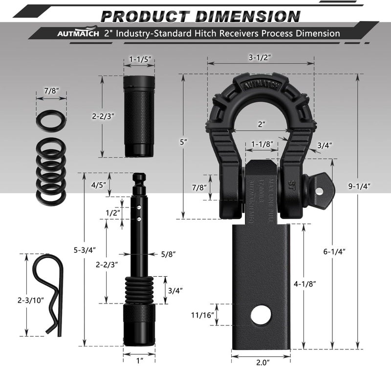 AUTMATCH Shackle Hitch Receiver 2" with 3/4" Mega D Ring Shackle and 5/8" Trailer Hitch Lock Pin, 68,000 Lbs Break Strength Heavy Duty Receiver Towing Kit for Off-Road Vehicle Recovery, Frosted Black - Image 3