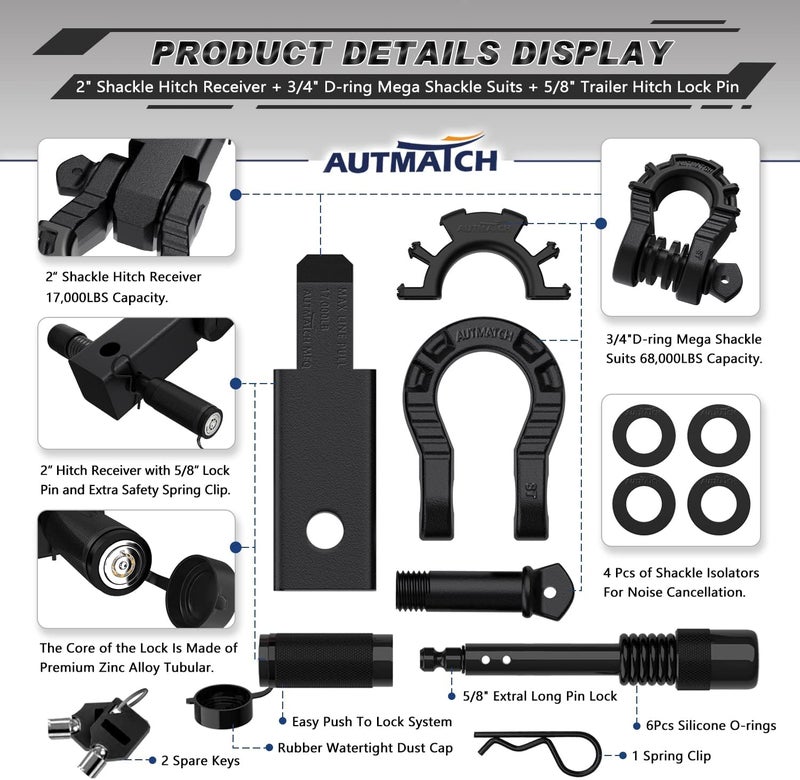 AUTMATCH Shackle Hitch Receiver 2" with 3/4" Mega D Ring Shackle and 5/8" Trailer Hitch Lock Pin, 68,000 Lbs Break Strength Heavy Duty Receiver Towing Kit for Off-Road Vehicle Recovery, Frosted Black - Image 2