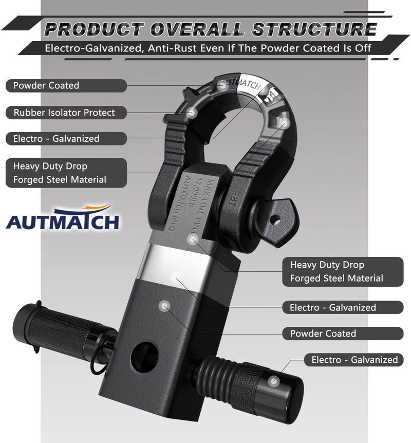 AUTMATCH Shackle Hitch Receiver 2" with 3/4" Mega D Ring Shackle and 5/8" Trailer Hitch Lock Pin, 68,000 Lbs Break Strength Heavy Duty Receiver Towing Kit for Off-Road Vehicle Recovery, Frosted Black - Image 4