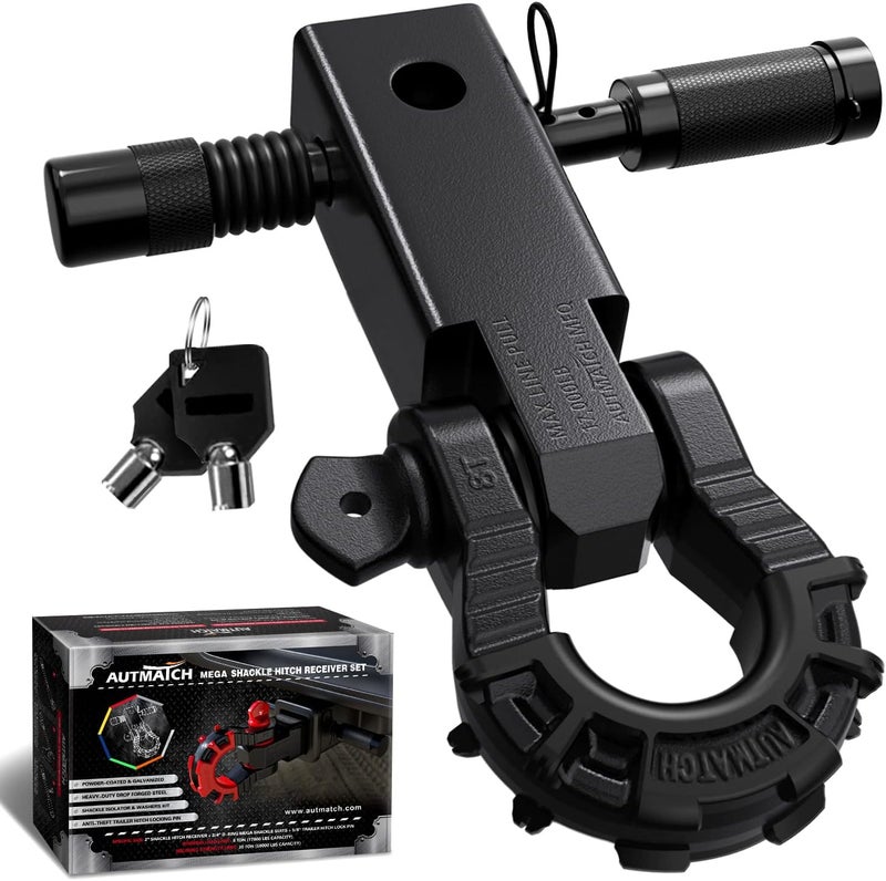 AUTMATCH Shackle Hitch Receiver 2" with 3/4" Mega D Ring Shackle and 5/8" Trailer Hitch Lock Pin, 68,000 Lbs Break Strength Heavy Duty Receiver Towing Kit for Off-Road Vehicle Recovery, Frosted Black - Image 1