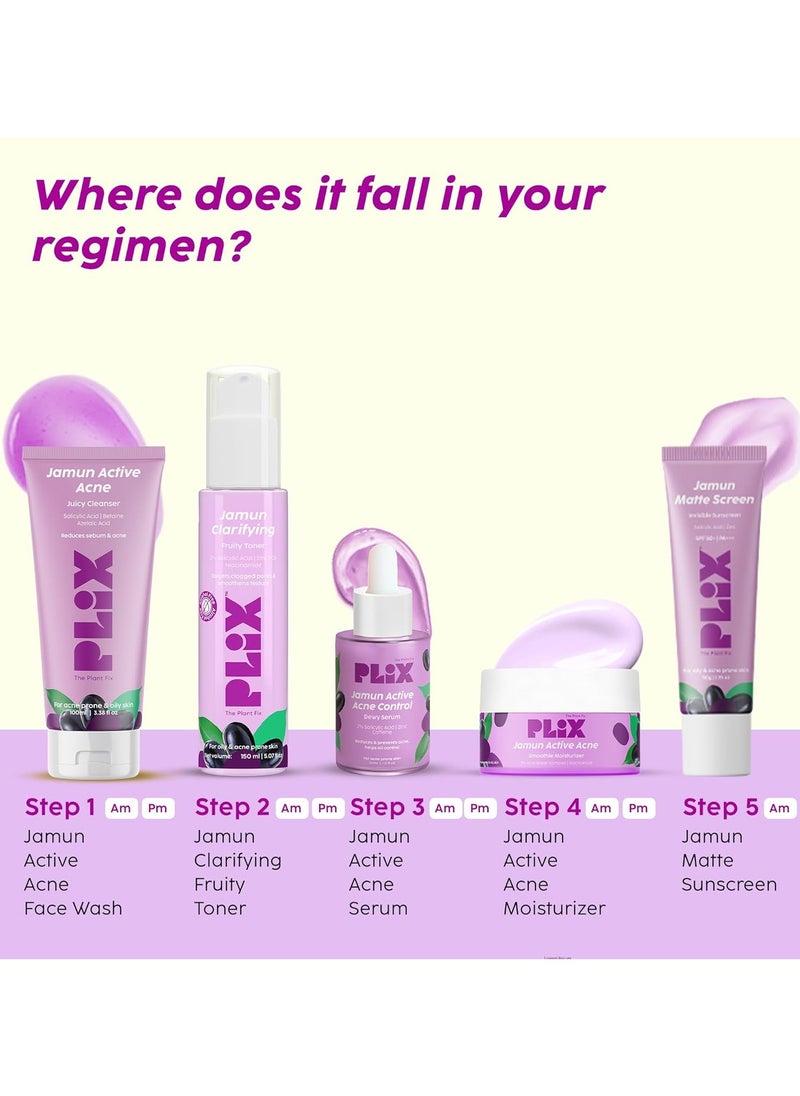 PLIX THE PLANT FIX - Jamun Active Acne Range With Cleanser 2 percent Salicylic Acid Serum Smoothie Moisturizer and Toner Reduces Active Acne Detoxifies The Skin  Soothes Redness All Skin Types - Image 1
