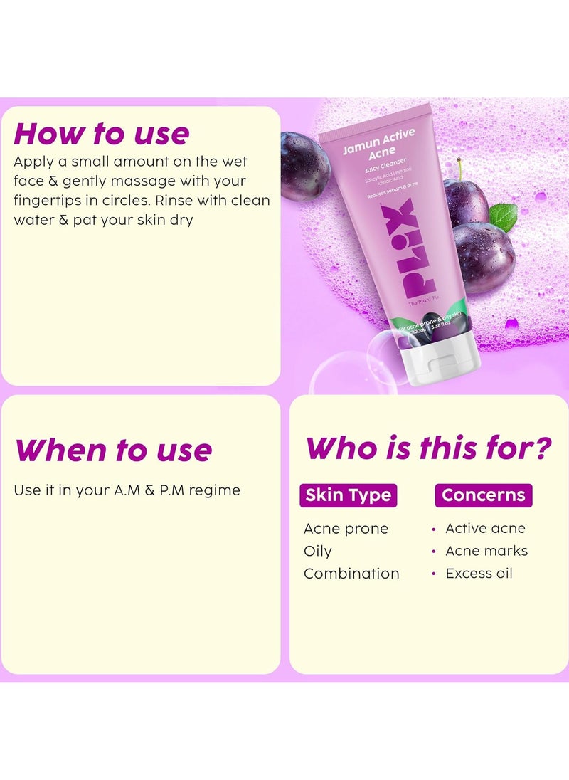 PLIX THE PLANT FIX - Jamun Active Acne Range With Cleanser 2 percent Salicylic Acid Serum Smoothie Moisturizer and Toner Reduces Active Acne Detoxifies The Skin  Soothes Redness All Skin Types - Image 1