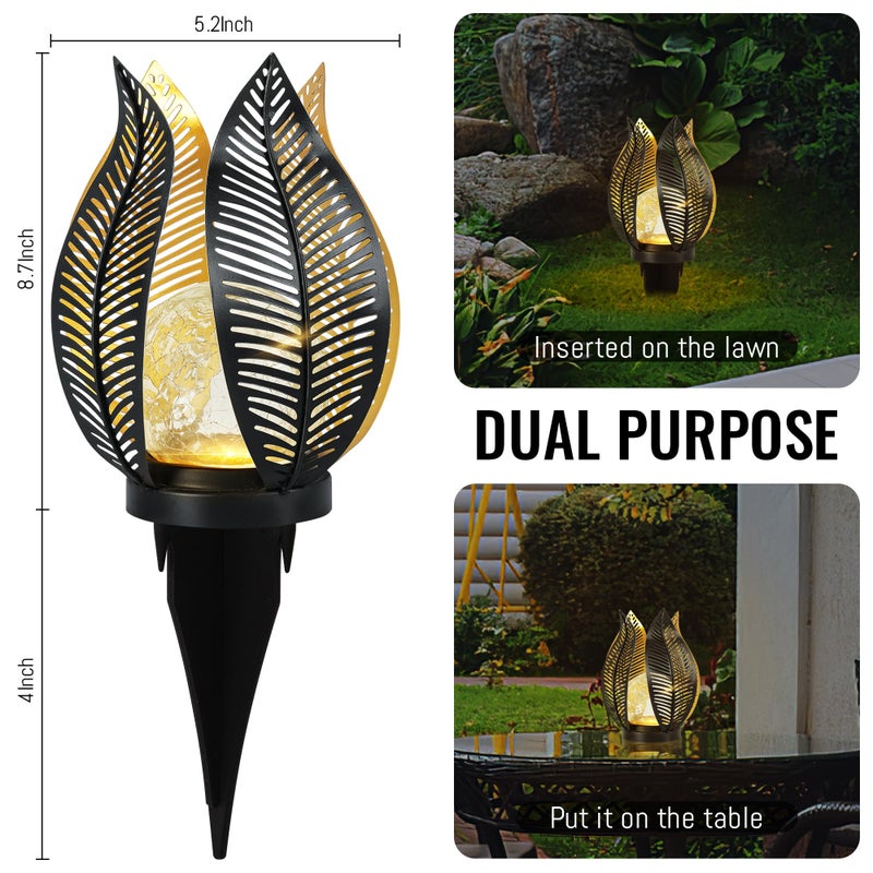 QZGE Solar Garden Lights Waterproof Decorations,Crackle Globe Glass,Metal Palm Leaf Solar Lights for Outdoor Decor On Garden,Patio,Yard,Front Porch,Tabletop Lamp-Perfect Gifts - Image 2