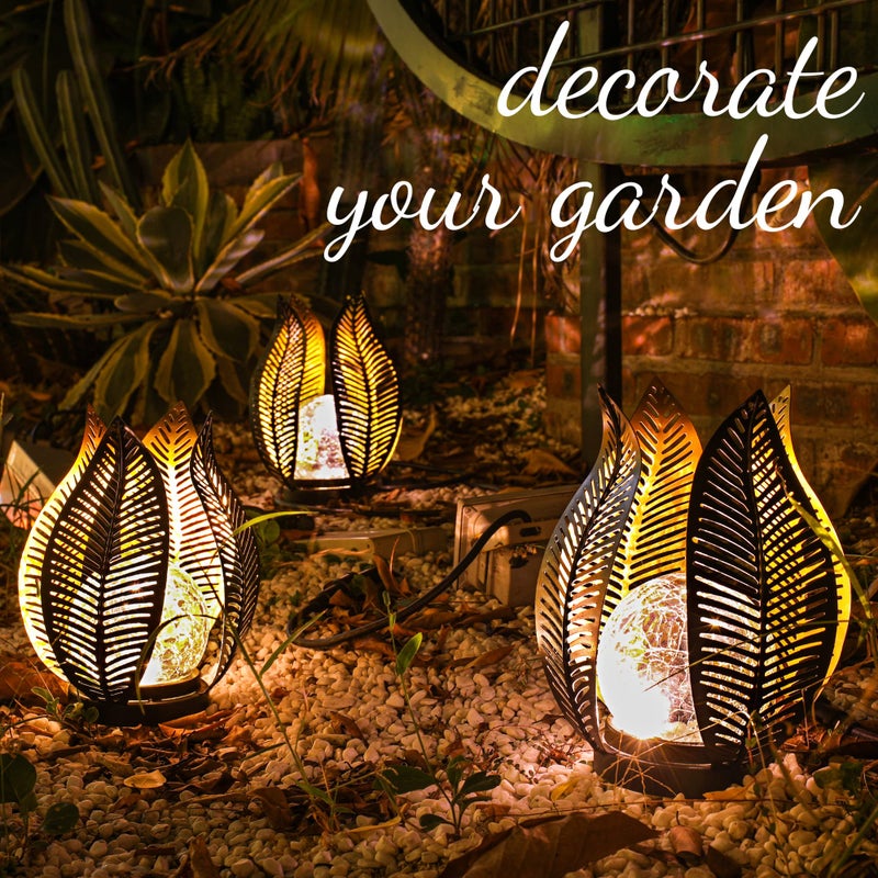 QZGE Solar Garden Lights Waterproof Decorations,Crackle Globe Glass,Metal Palm Leaf Solar Lights for Outdoor Decor On Garden,Patio,Yard,Front Porch,Tabletop Lamp-Perfect Gifts - Image 3
