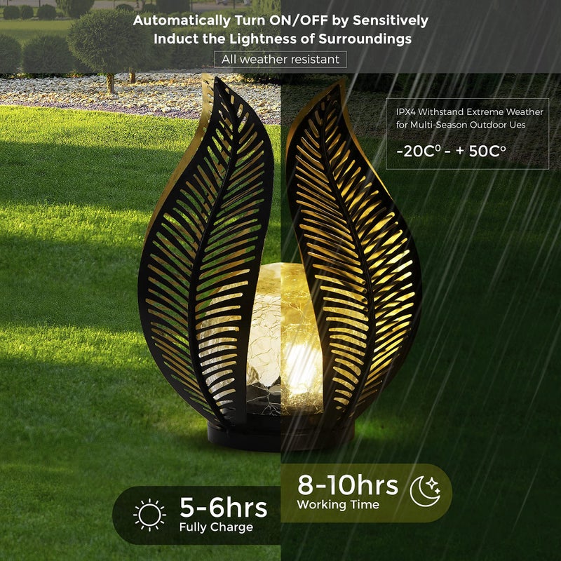 QZGE Solar Garden Lights Waterproof Decorations,Crackle Globe Glass,Metal Palm Leaf Solar Lights for Outdoor Decor On Garden,Patio,Yard,Front Porch,Tabletop Lamp-Perfect Gifts - Image 5
