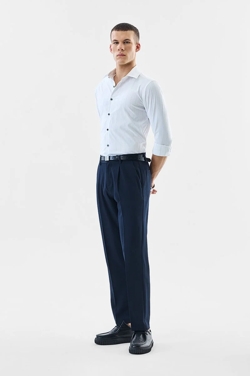 سنيتش White Striped Long Sleeve Slim Fit Formal Luxe Shirt