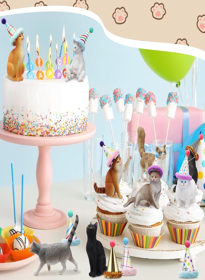 Colingmill 18 Pcs Cat Birthday Party Decorations Mini Birthday Hat Animal Figure Model Cake Toppers with Mini Hat for Birthday Party, Animals Themed Party - Image 5