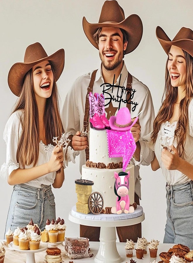 KEEPARTY زينة كعكة رعاة البقر، قبعة وحذاء رعاة البقر، زينة كعكة عيد ميلاد رعاة البقر الغربي، لوازم حفلات استقبال المولود الجديد ذات الطابع الغربي (وردي) - Image 5