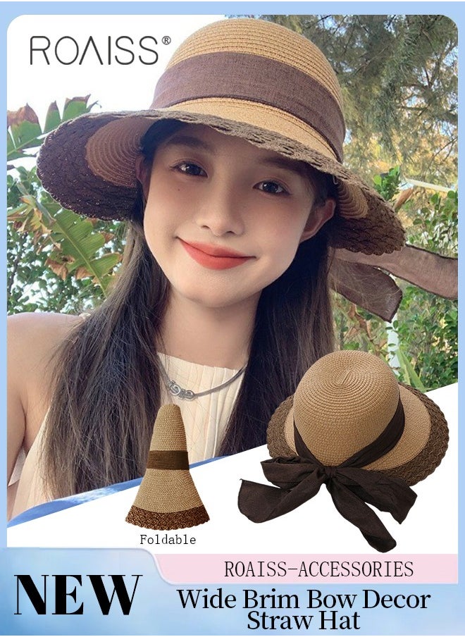 roaiss - Bow Decor Straw Sun Hat for Women Summer Beach Wide Brim Adjustable Lightweight Foldable Packable Straw Hat Khaki - Image 1