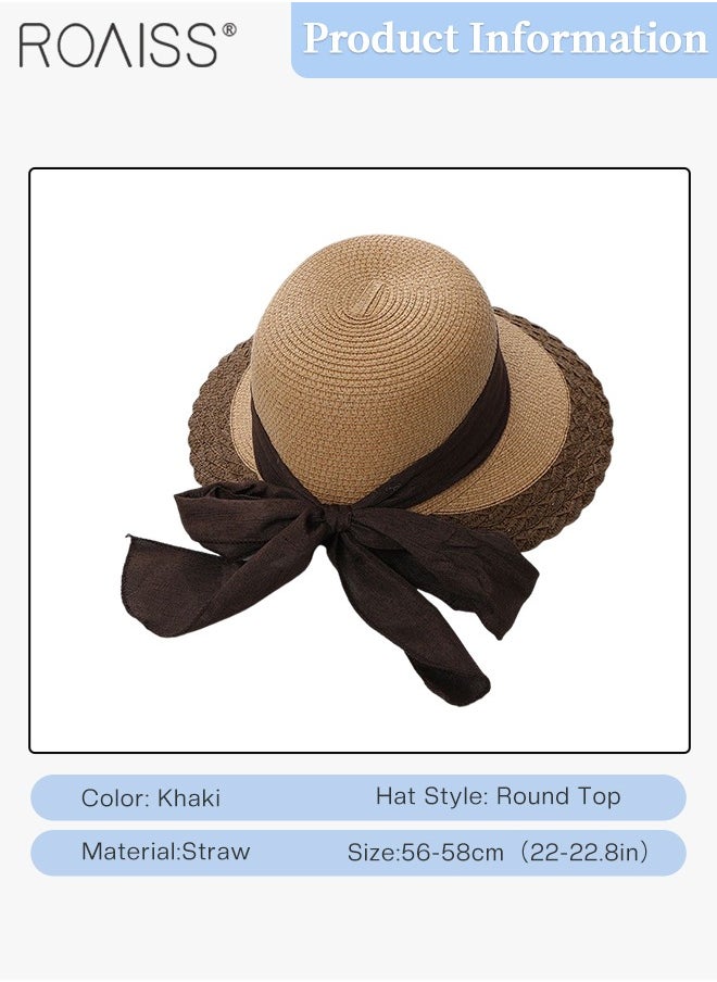 roaiss - Bow Decor Straw Sun Hat for Women Summer Beach Wide Brim Adjustable Lightweight Foldable Packable Straw Hat Khaki - Image 1