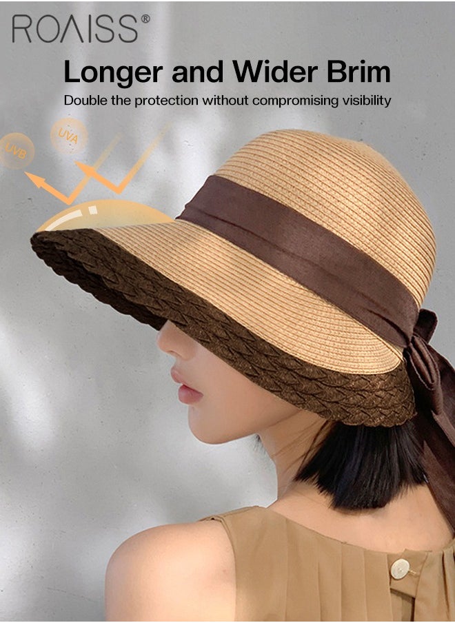 roaiss - Bow Decor Straw Sun Hat for Women Summer Beach Wide Brim Adjustable Lightweight Foldable Packable Straw Hat Khaki - Image 1