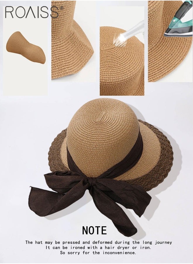 roaiss - Bow Decor Straw Sun Hat for Women Summer Beach Wide Brim Adjustable Lightweight Foldable Packable Straw Hat Khaki - Image 1