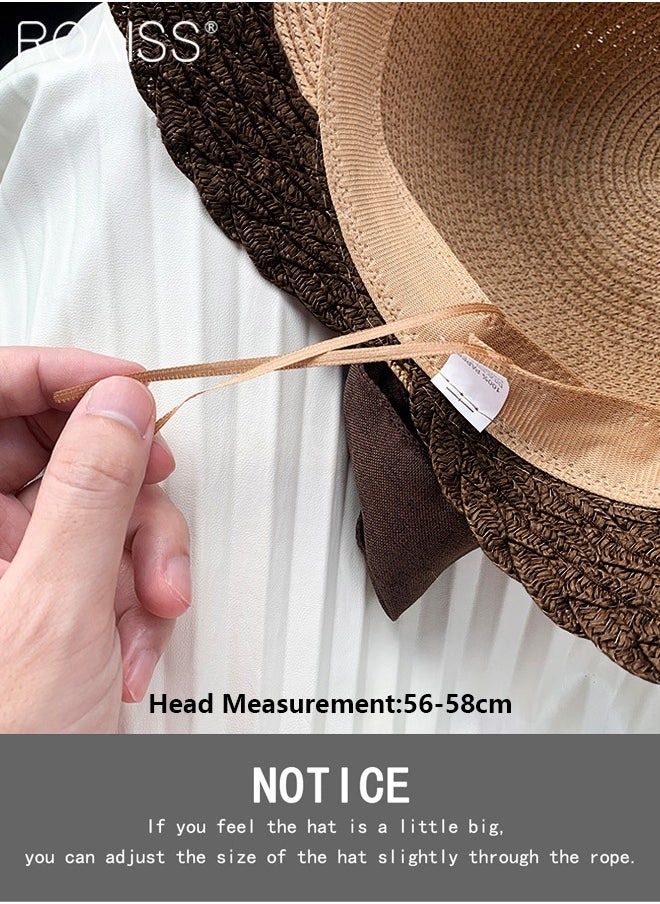 roaiss - Bow Decor Straw Sun Hat for Women Summer Beach Wide Brim Adjustable Lightweight Foldable Packable Straw Hat Khaki - Image 1