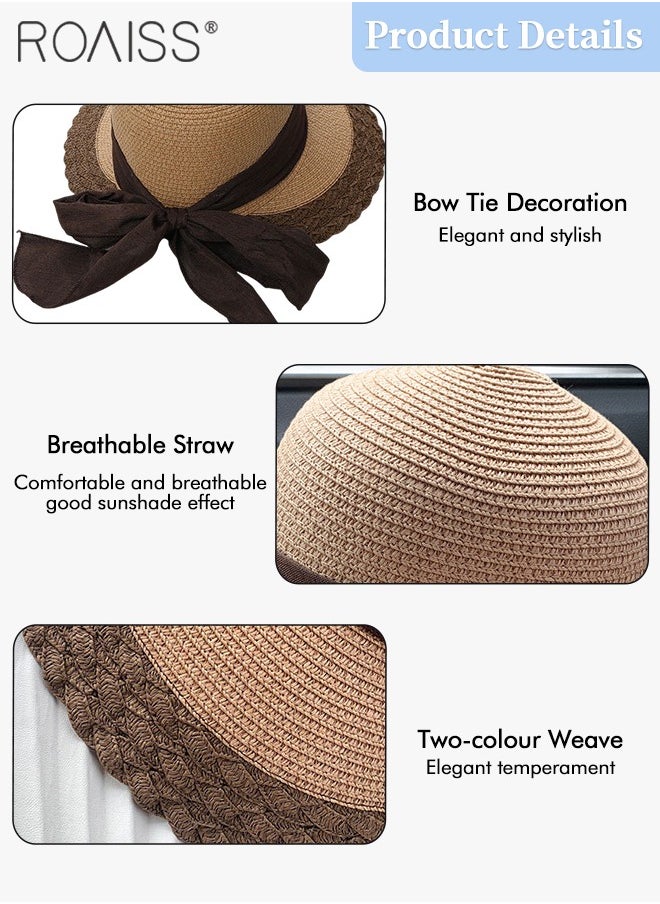 roaiss - Bow Decor Straw Sun Hat for Women Summer Beach Wide Brim Adjustable Lightweight Foldable Packable Straw Hat Khaki - Image 1
