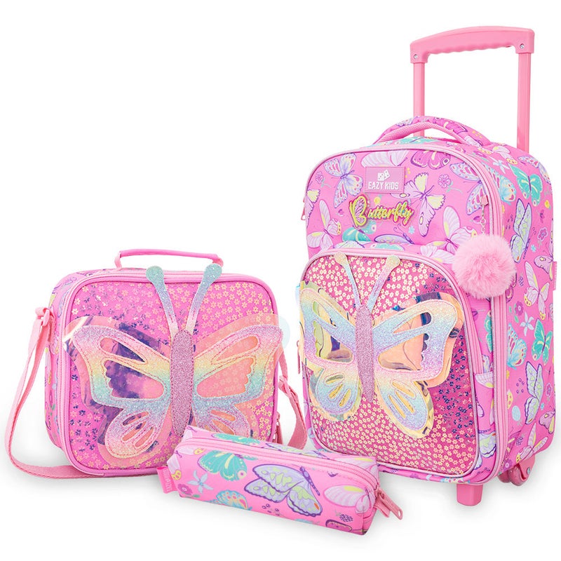 Eazy Kids 17” 3-Piece Trolley School Backpack Set for Kids – Backpack with Lunch Bag & Pencil Case, Pink - Image 1