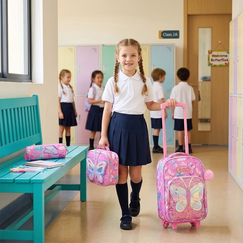 Eazy Kids 17” 3-Piece Trolley School Backpack Set for Kids – Backpack with Lunch Bag & Pencil Case, Pink - Image 2