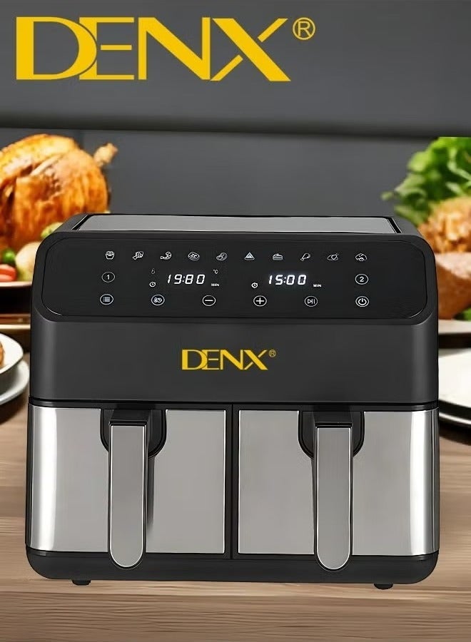Denx Dual Basket Air Fryer - Versatile Stainless Steel Double Air Fryer, 4L + 4L Capacity, Two Independent Cooking Zones, Touch Control Panel, Smart Temperature Control, Automatic Electric Fryer for Grilling, Baking, and Roasting - Image 1