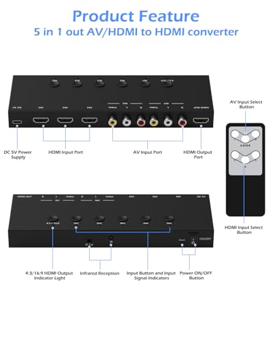 OseTub 5-in-1 HDMI/AV Switcher, RCA to Digital Converter – 2 AV & 3 HDMI Inputs, Support HDR & HDCP 2.2 & Full 3D for Sega/Xbox/PS1/PS2/Xbox,PS5/PS4,Roku,Fire Stick - Image 2