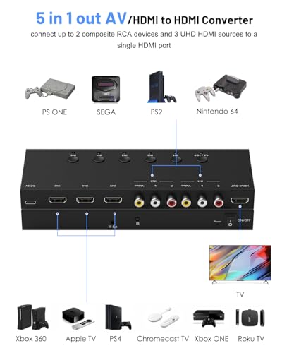 OseTub 5-in-1 HDMI/AV Switcher, RCA to Digital Converter – 2 AV & 3 HDMI Inputs, Support HDR & HDCP 2.2 & Full 3D for Sega/Xbox/PS1/PS2/Xbox,PS5/PS4,Roku,Fire Stick - Image 3