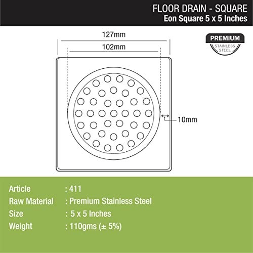 LIPKA Pack of 2 Eon Square Floor Drain |Premium Stainless Steel |5 x 5 Inches| - Image 2