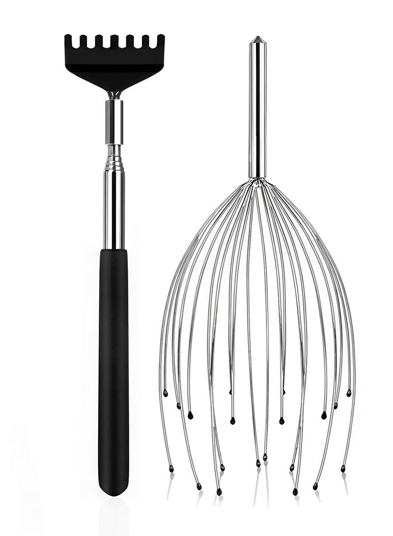 Loucky 2pcs Scalp Massager & Back Scratcher - 20 Finger Head Massager + Extendable Back Scratcher for man/woman, Relief Tool for Deep Relaxation - Image 1