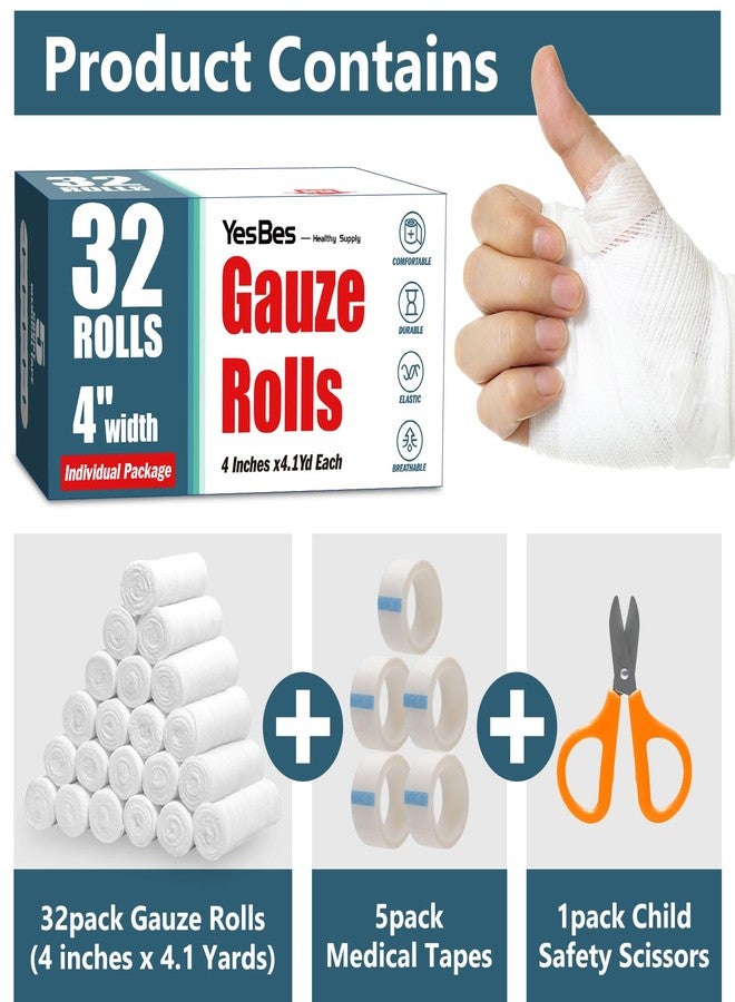 YesBes 32 Pack Gauze Rolls, 4 in x 4.1 Yards, Premium Gauze Wrap Roll for Wounds, Bandage Wrap Rolled Gauzes, Mummy Wraps, Individually Wrapped - Image 2