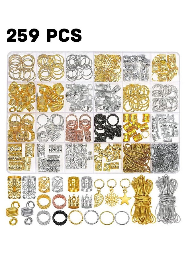 259 قطعة إكسسوارات مجوهرات الشعر للنساء الضفائر، زينة ملفوفة بسلك شعر لدريدلوك، خرز شعر من الألومنيوم مع ضفائر ذهبية وحلقات وأصفاد ومشابك مع قلادات لتزيين الشعر - Image 1
