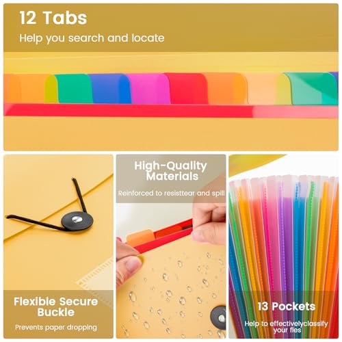 CASAON 13 Pocket Expanding File Folder Accordian File Organizer, A4 Letter Size Paper Document Receipt Holder for School Office Supplies, Yellow - Image 3