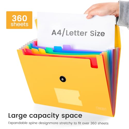 CASAON 13 Pocket Expanding File Folder Accordian File Organizer, A4 Letter Size Paper Document Receipt Holder for School Office Supplies, Yellow - Image 5
