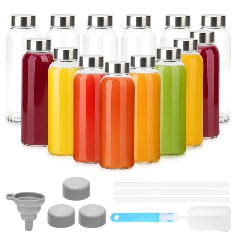 Luxfuel 10 oz Clear Glass Bottle with Lid, Reusable Glass Water Bottles with Stainless Steel Cap & Straws for Juicing, Milk, Ginger & Smoothies, Refrigerator, Leak-Proof, Juice Containers Set of 16 - Image 1