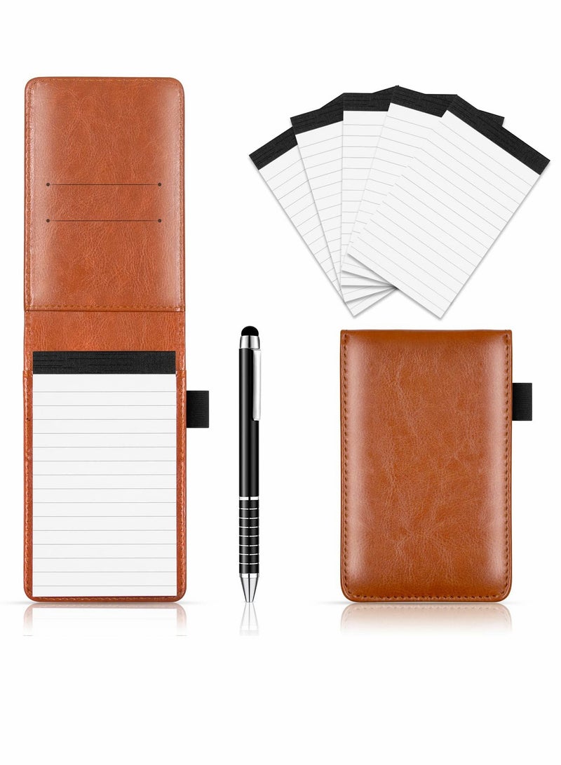 Excefore Mini Pocket Notepad Set, 14 x 9 CM Pocket Notepad Holder with Metal Pen, 50 Lined Sheets, Notepad for Business Professionals (Brown+5 Pcs Memo Book Refills) - Image 1