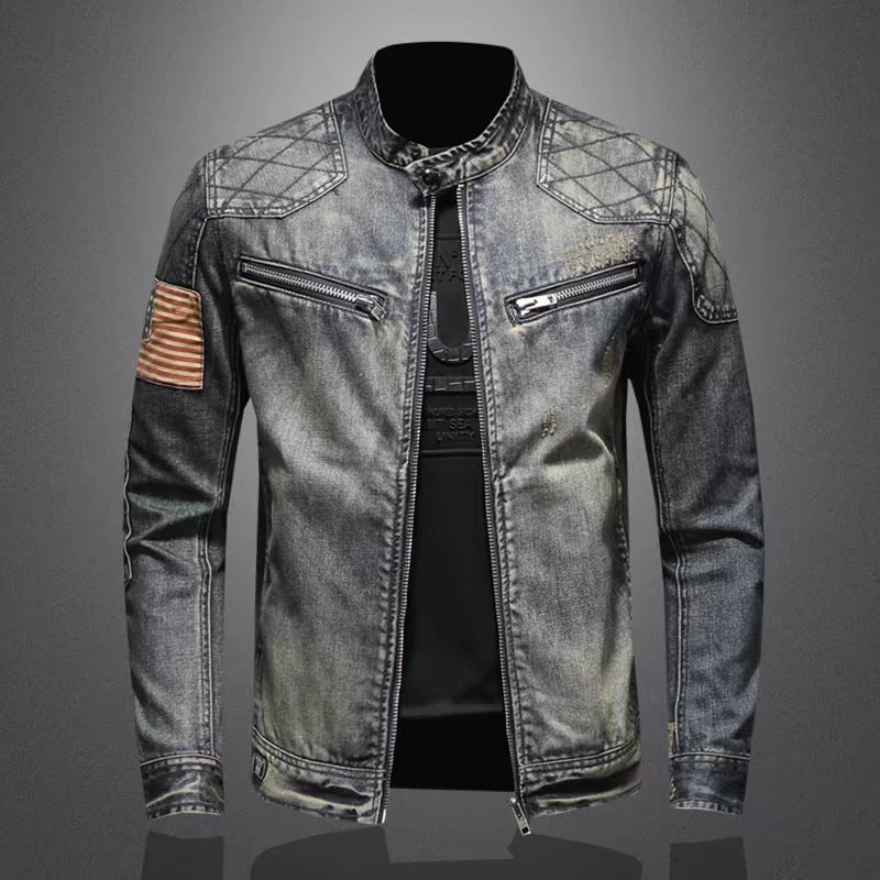 Generic New Vintage Trendy Autumn/Winter Stand Collar Motorcycle Jacket Slim Fit Denim Zippered Jacket For Young Men Street Style Blue gray [counter quality]
