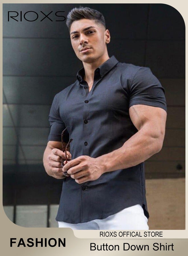 RIOXS Men's Stretch Shirt, Slim Fit Shirts with Button-down Closure, Casual Short-sleeved Top, Wrinkle-free Formal Shirt, Suitable Formal Occasions or Daily Casual  - Image 3