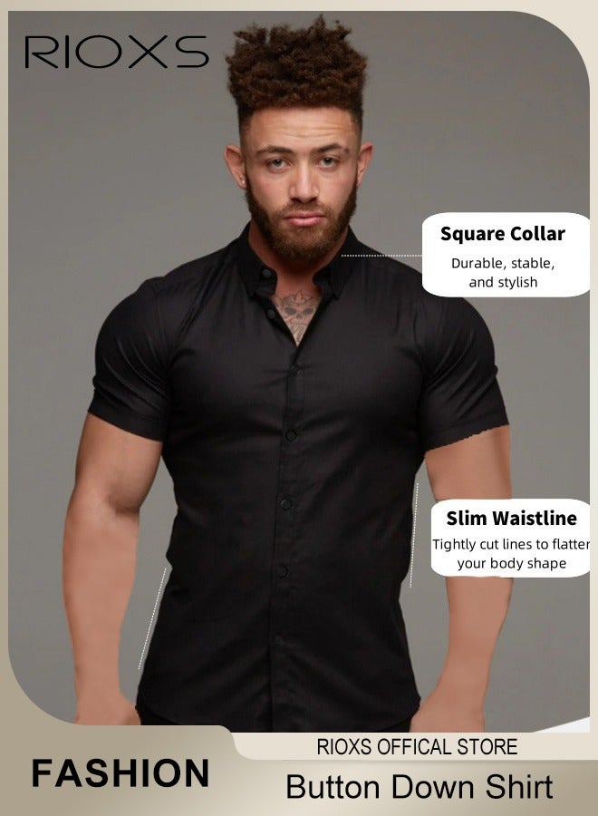 RIOXS Men's Stretch Shirt, Slim Fit Shirts with Button-down Closure, Casual Short-sleeved Top, Wrinkle-free Formal Shirt, Suitable Formal Occasions or Daily Casual  - Image 5