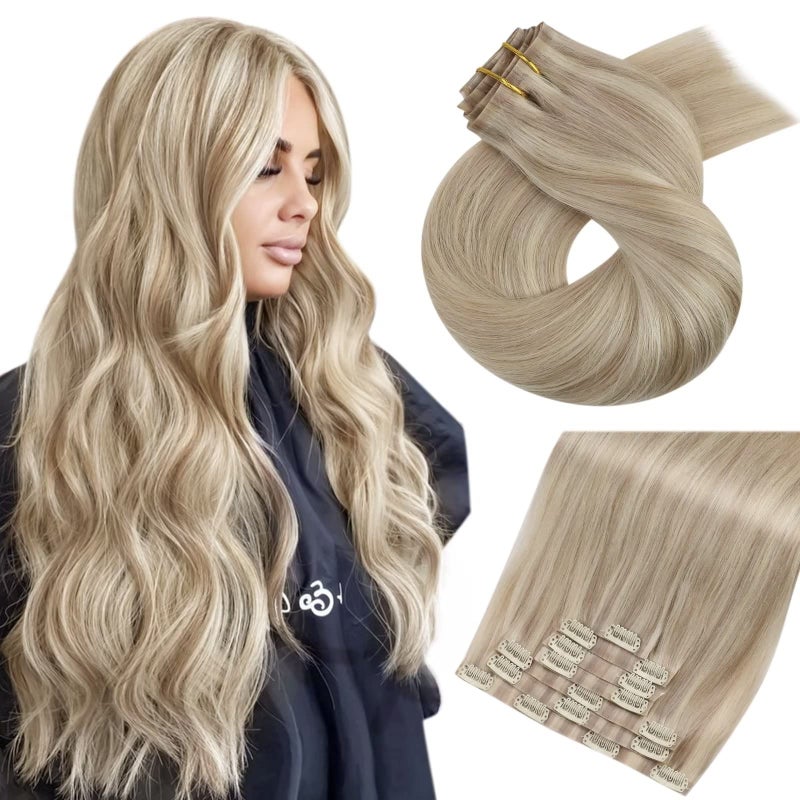 Moresoo Seamless Clip in Hair Extensions Human Hair Blonde Highlight Remy PU Weft Human Hair Clip in Extensions Ash Brown with Bleach Blond Hair Extensions for Women with A Hint of Pink 7pcs 120g 18in