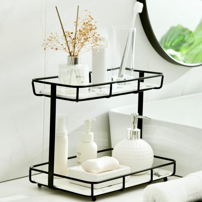 BATHROOM ORGANIZER COUNTERTOP PERFUME ORGANIZER MAKEUP ORGANIZER COSMETICS STORAGE DISPLAY RACK VANITY TRAY DRESSER STAINLESS STEEL GOLD SHELF WHITE MARBLE CERAMIC TRAY 2 TIER LBLACK