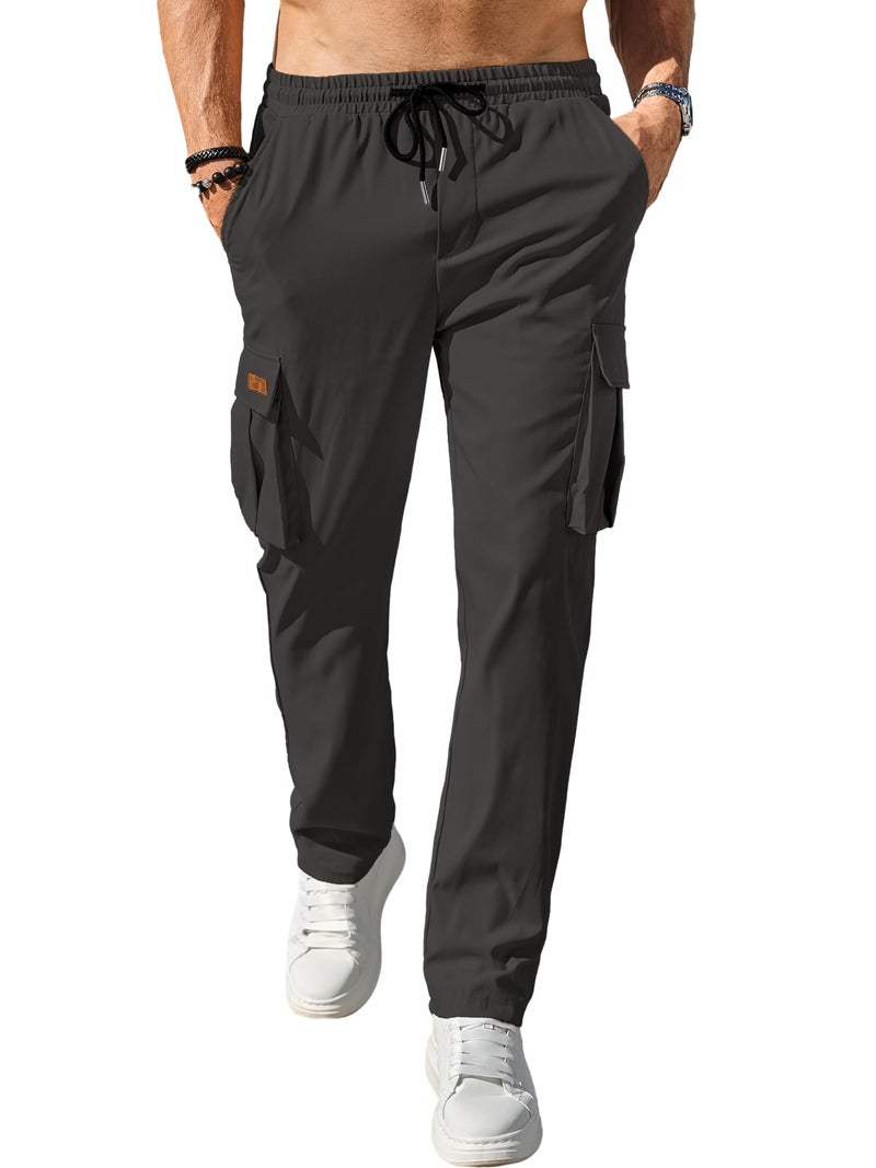 Comdecevis Men's Casual Cargo Pants Workout Joggers Stretch Sweatpants Hiking Drawstring Tactical Pants with Multi Pockets Dark Grey - Image 2