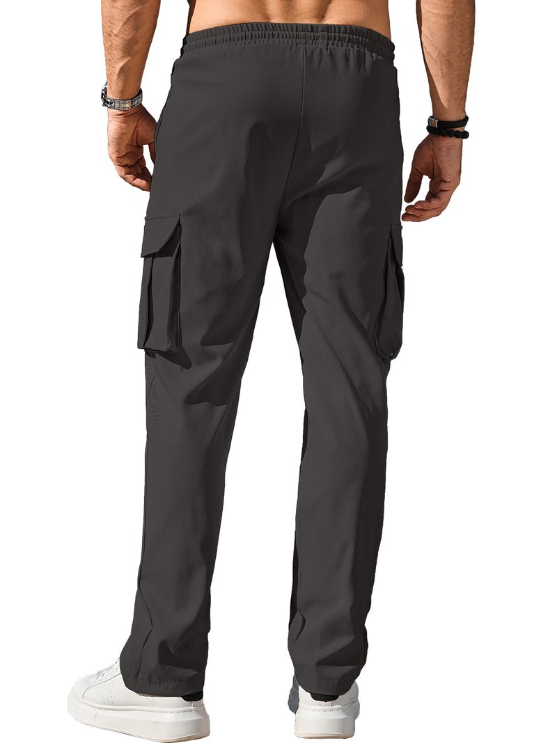 Comdecevis Men's Casual Cargo Pants Workout Joggers Stretch Sweatpants Hiking Drawstring Tactical Pants with Multi Pockets Dark Grey - Image 4