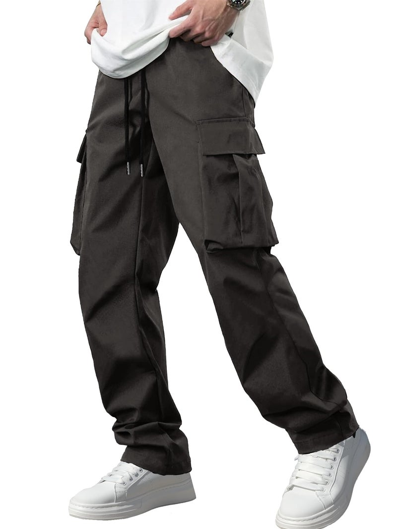 Comdecevis Men's Casual Cargo Pants Workout Joggers Stretch Sweatpants Hiking Drawstring Tactical Pants with Multi Pockets Dark Grey - Image 1