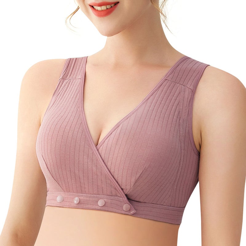 Wirefree Breastfeeding Bra: Medium Rose Cotton Skin-friendly Breathable - Full Coverage With Removable Pads Buttoned Bra for Maternity Pregnancy Nursing Sleeping Leisure - Image 1